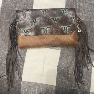 NWT calf fur and leather crossbody with fringes